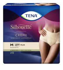 TENA SILHOUETTE PLUS CREME M INKOHOUSUT NAISILLE, PUUTERINVÄRINEN, KORKEA VYÖTÄRÖ 12 KPL